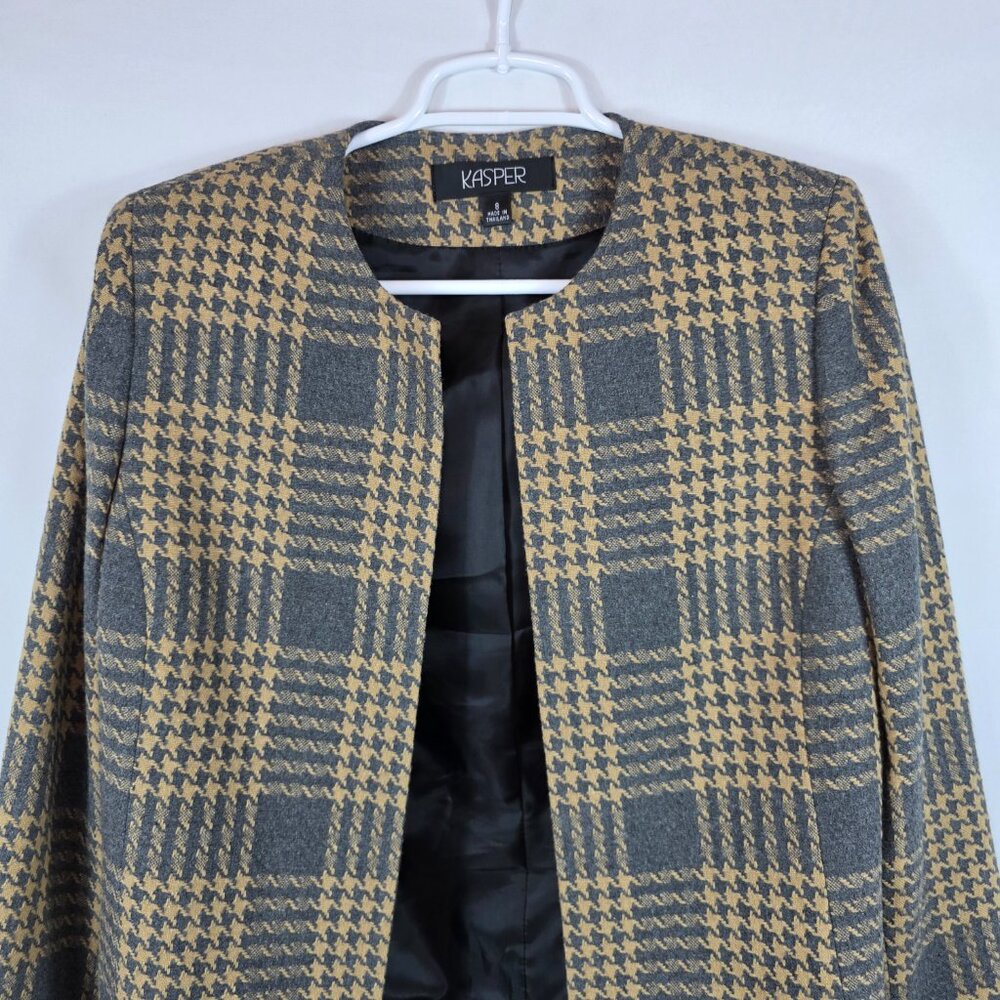 Vintage Kasper Wool Blend Skirt Suit Size 8 Gray & Yellow Plaid Jacket Gray Skir - Picture 6 of 15
